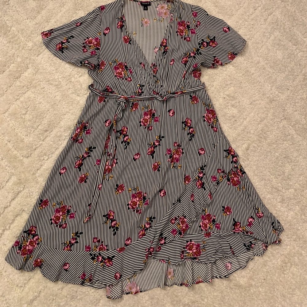 Floral and Stripe Faux Wrap Dress with Ruffled Hem and Flutter Sleeve, Torrid